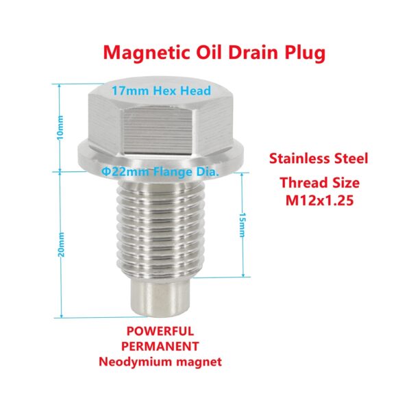 M12x1.25 Stainless Steel Magnetic Engine Oil Drain Plug DN090049 0924712101 1112801M00 1112801M01 1112801M05 1112801M0B 1151850Z02 19317834 9034112012 F4XZ6730AA