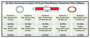 100PCS 10 Sizes Aluminum & Copper Oil Drain Plug Gaskets, Washer Assortment Kits Fit M12 M14 M16 M18