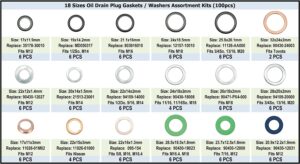 100Pcs 18 Types Master Oil Drain Plug Gasket Assortment Kit Washers Seals Rings fit for Toyota Nissan Subaru Honda Replace 11026-01M02 MD050317 803916010 90430-12031